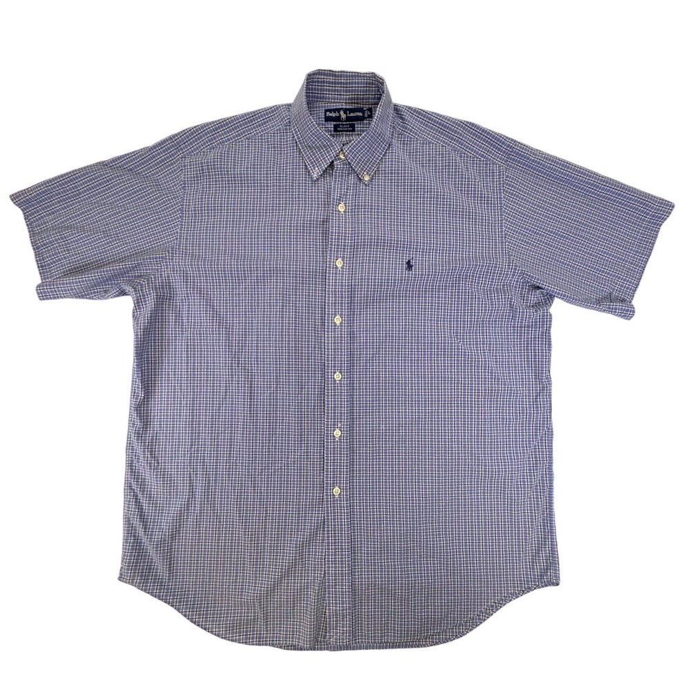 Ralph Lauren Blake Mens Large Blue Plaid Short Sleeve Cotton Button Down Shirt